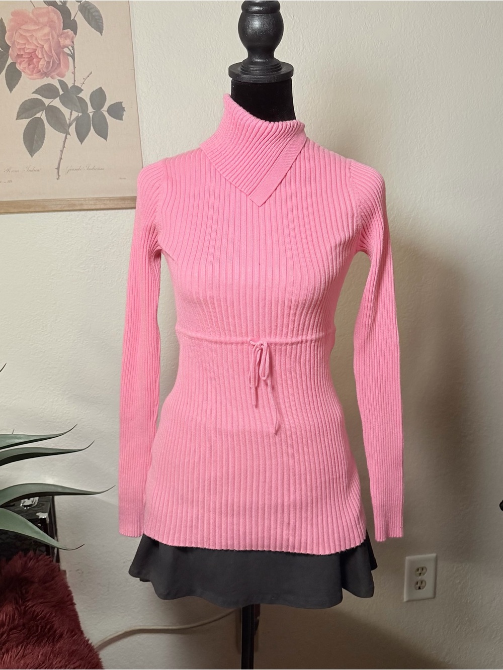 Pink Y2k Ribbed Drawstring Turtleneck Sweater
